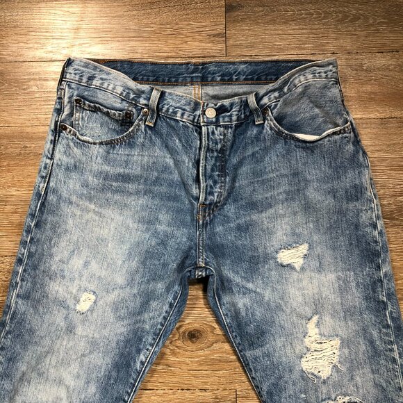 Levis 501 CT Jeans Mens 34x27 Light Stonewash Distressed Button Fly Taper - Picture 10 of 13